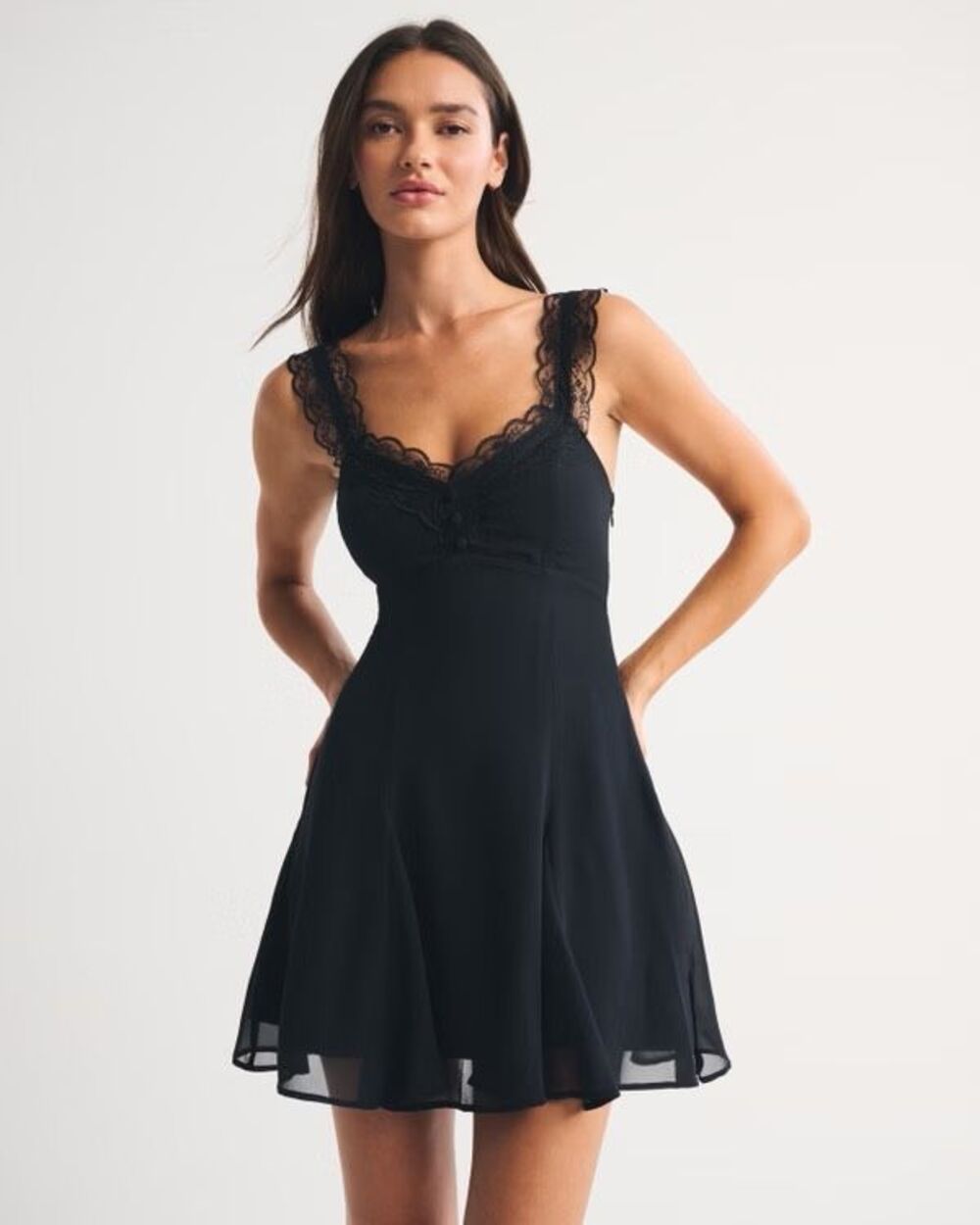 Black Lace Trim Chiffon Mini Dress Romantic Coquette Fit & Flare